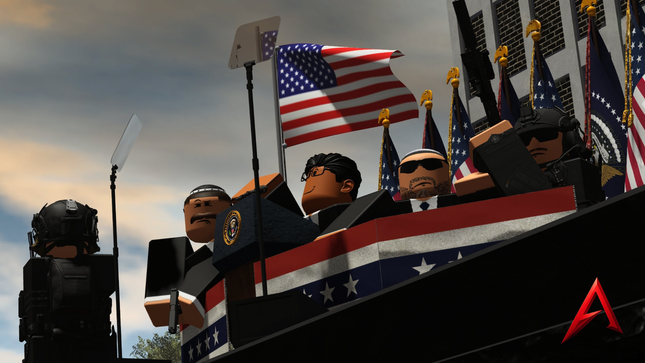 A stylized digital illustration of a black vehicle or platform decorated with American flags and stars, carrying cartoon-like figures in suits and sunglasses, with additional flags and a security guard visible against a cloudy sky.
