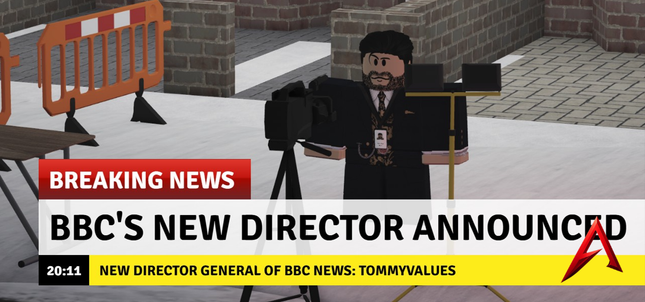 Robotic news anchor with a camera on a 'Breaking News' banner about BBC's new director.
