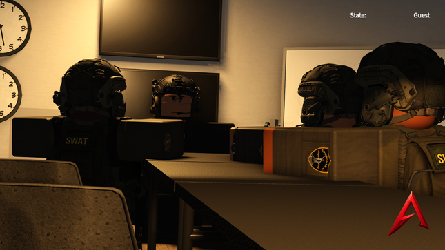 A dimly lit tactical training room with several SWAT-style characters wearing helmets and vests seated at desks, with a large screen on the wall and a red stylized 'A' logo in the bottom right corner.