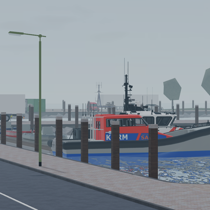 Boat docked at a pier with buildings and street signs in the background