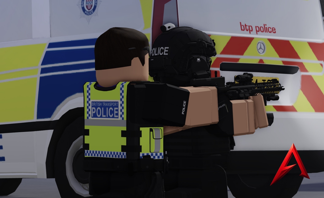 Two animated police characters in front of a police vehicle with 'btp police' branding.