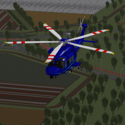 Helicopter flying over a simulated landscape with trees and roads.