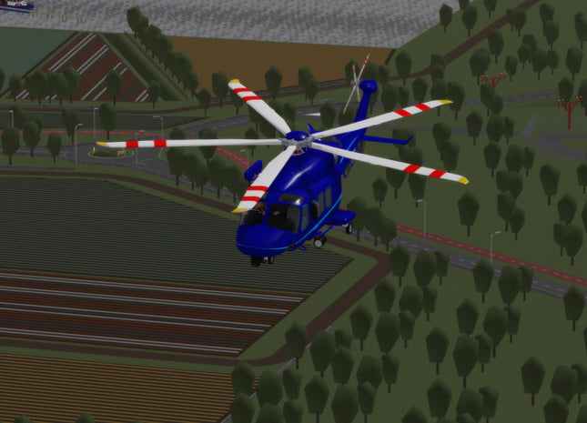Helicopter flying over a simulated landscape with trees and roads.