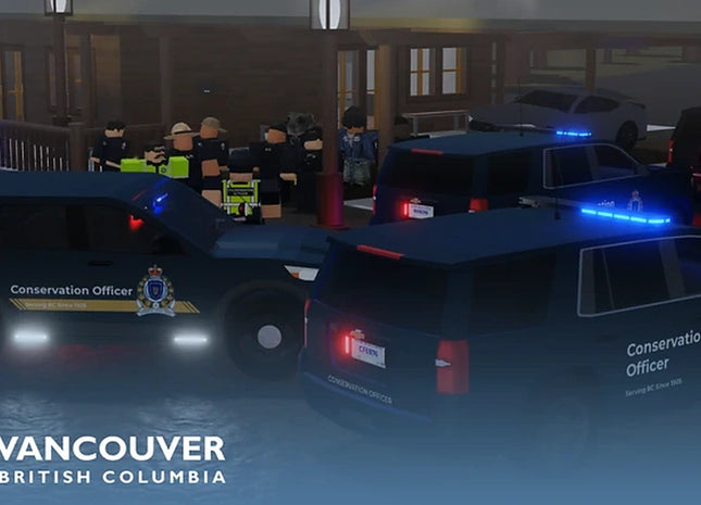 A nighttime scene showing multiple Vancouver British Columbia Conservation Officer vehicles with flashing blue lights parked outside a building. Police officers and onlookers are visible in the background, and a large Vancouver British Columbia logo watermark appears at the bottom left.