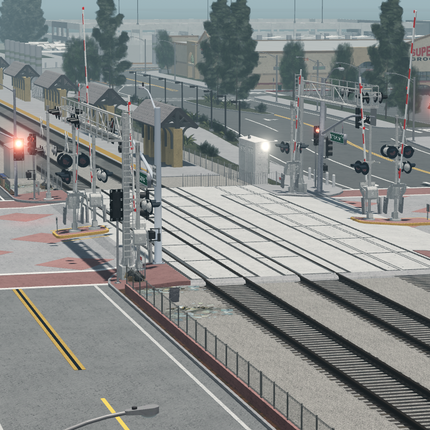 Simulated train station with tracks, platforms, and traffic lights.